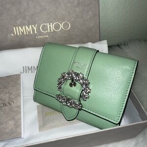 JIMMY CHOO CHERI TRIFOLD WALLET MINT COLOR WITH SWAROVSKI BUCKLE
